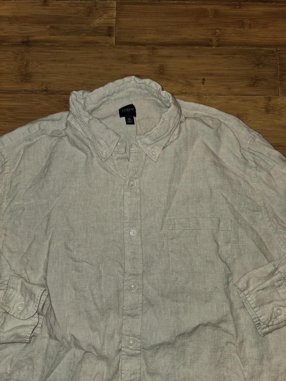 J Crew Shirt Mens XL Gray White Slim Fit Button Down Linen Long Sleeve